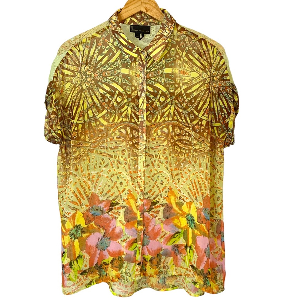 I JEANS by BUFFALO Sheer Button Up Abstract Floral Short Sleeve Blouse